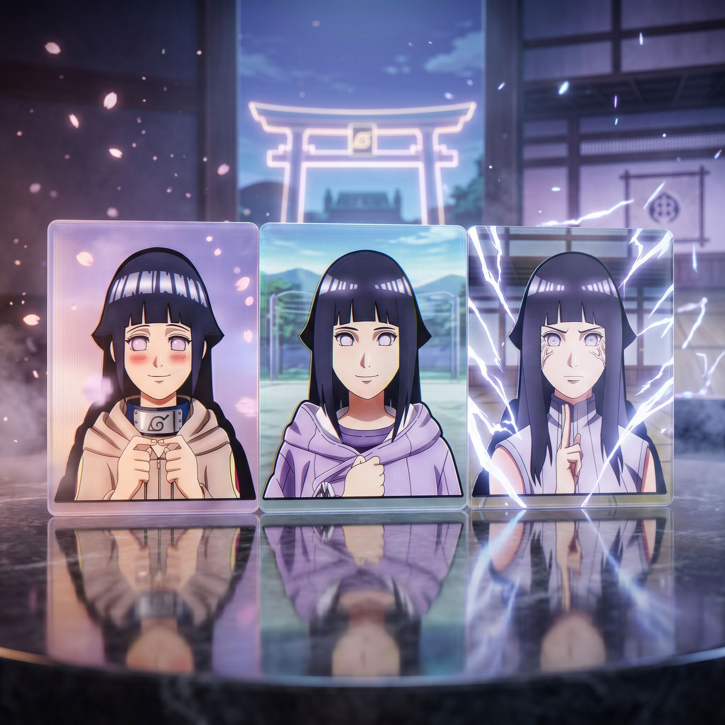 Three anime-style character cards with a torii gate in the background