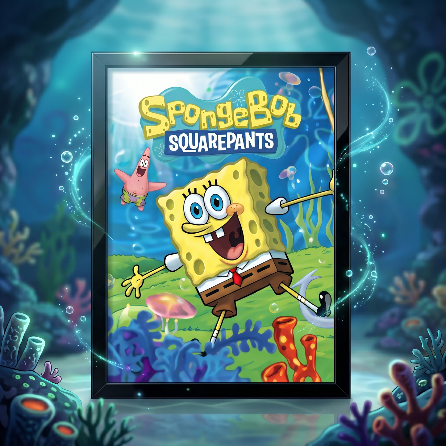 Framed SpongeBob SquarePants poster with cartoon characters on a underwater-themed background