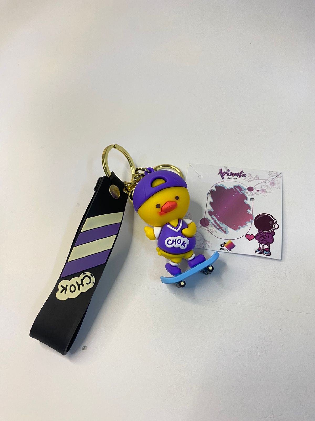 Yellow Duck on Skateboard Keychain